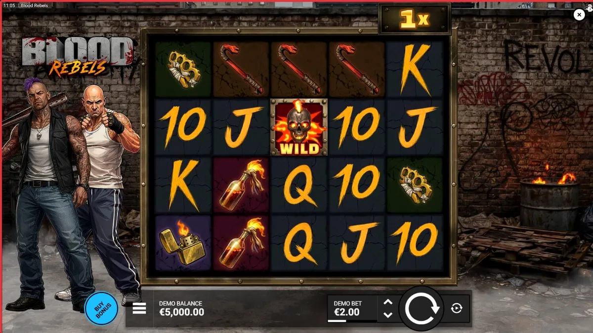 Tampilan visual permainan slot Blood Rebels dengan tema urban yang intens