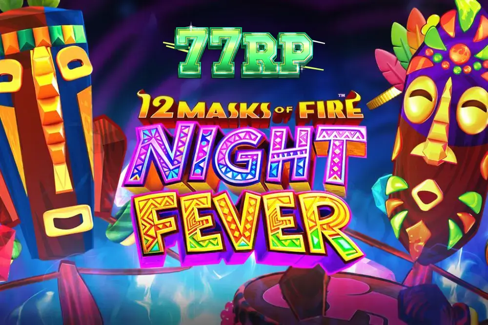 Tampilan layar permainan slot 12 Masks of Fire Night Fever dengan gulungan yang menampilkan simbol topeng dan latar belakang pesta neon yang cerah.